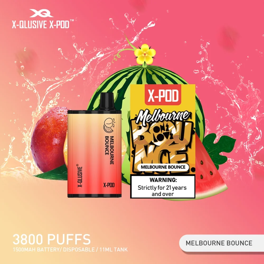 XPOD-XQLUSIVE-MELBOURNE-BOUNCE-1.webp X-QLUSIVE X-POD MELBOURNE BOUNCE (Watermelon Peach Ice) – 3800 PUFFS